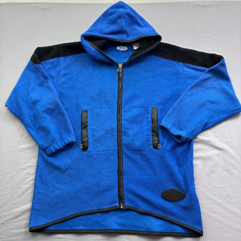 Vintage Mecca USA‎ Fleece Hoodie Blue Black Full Zip Logo XL Hip Hop Streetwear